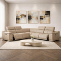 Beige Leather Power Reclining L Shaped Five Piece Corner Sectional