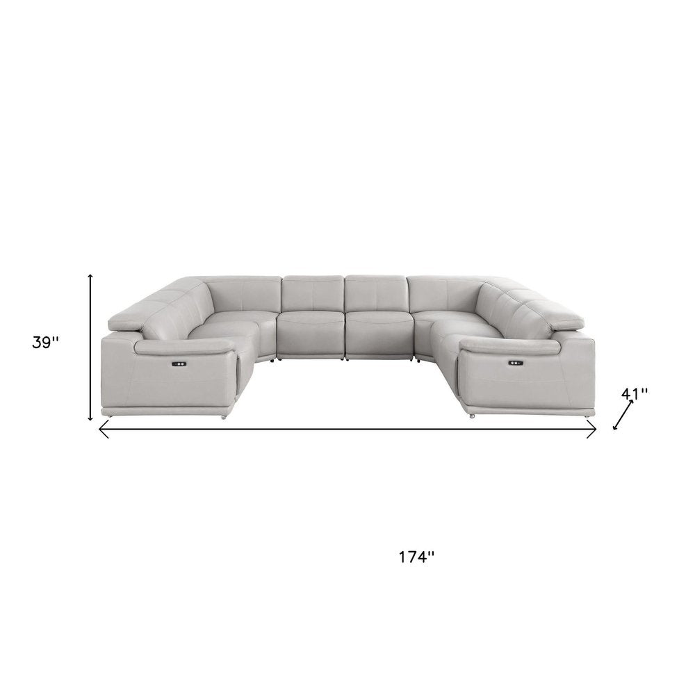 Ash Gray Leather Modular U Shaped Eight Piece Corner Sectional