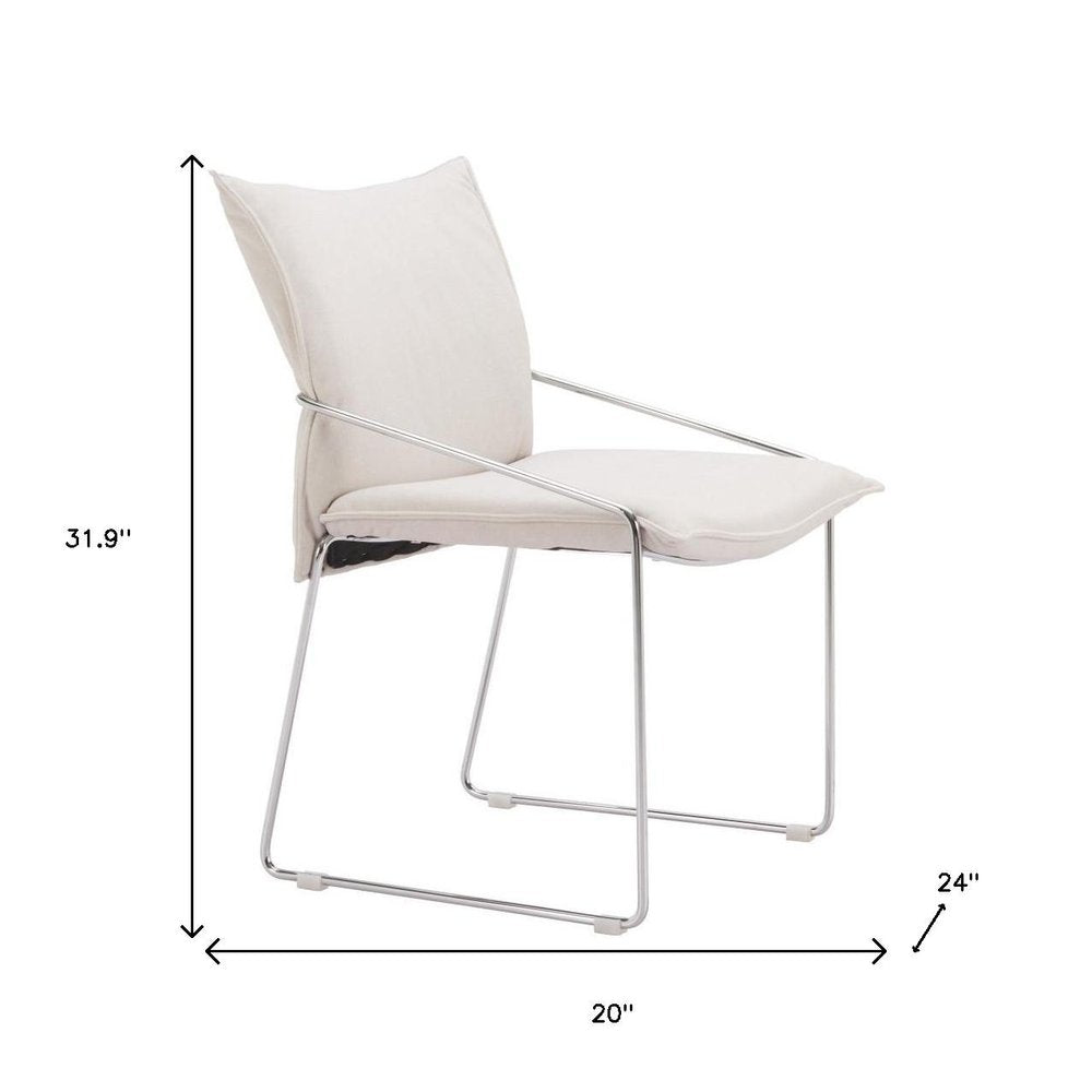 Set of Two White and Silver Upholstered Dining Arm Chairs