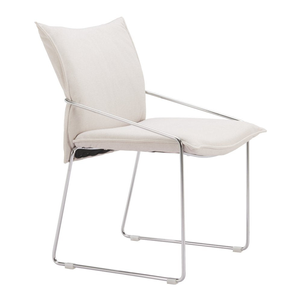Set of Two White and Silver Upholstered Dining Arm Chairs