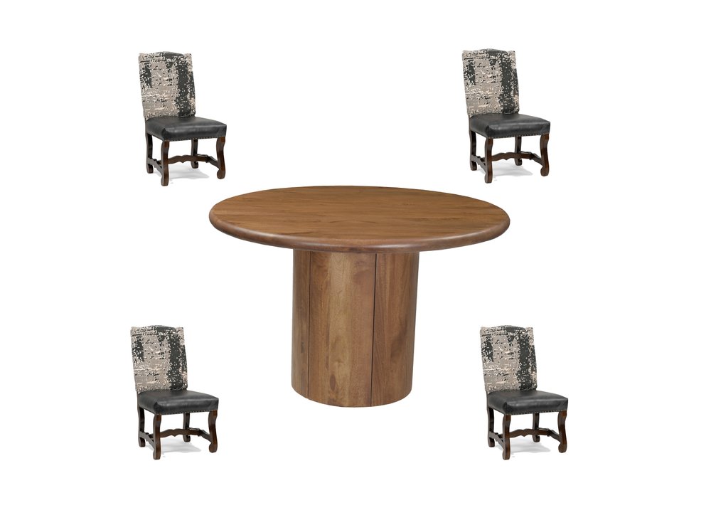 Five Piece Brown Round Solid Wood Dining Set with Four Chairs