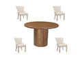 Five Piece Brown Round Solid Wood Dining Set with Four Chairs