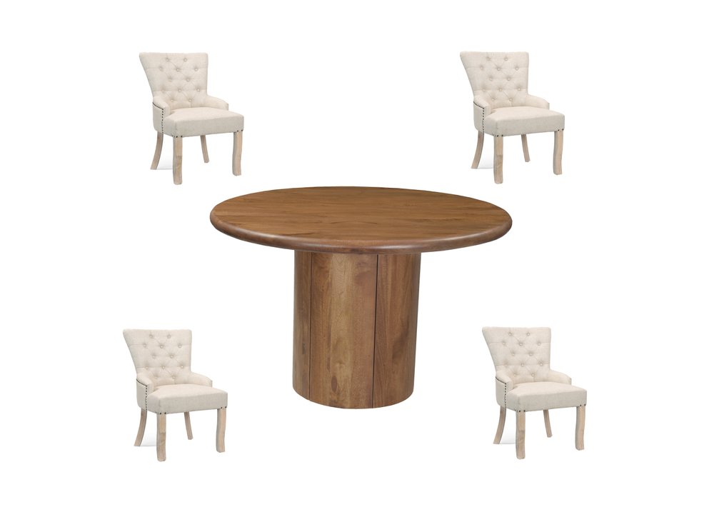 Five Piece Brown Round Solid Wood Dining Set with Four Chairs