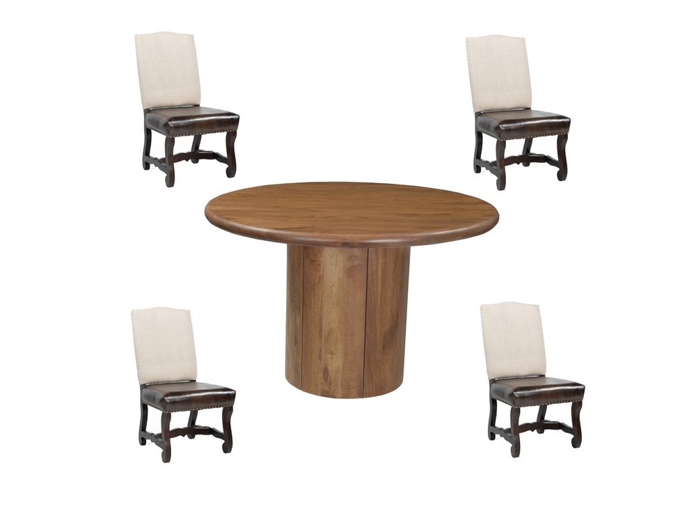 Five Piece Brown Round Solid Wood Dining Set with Four Chairs