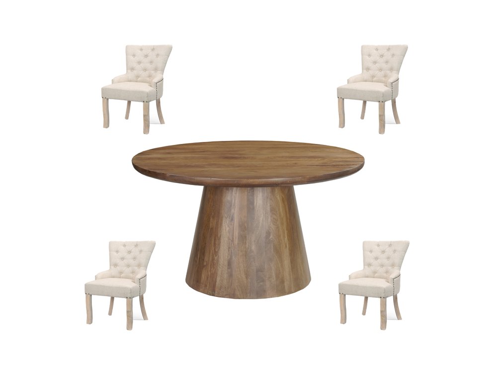 Five Piece Brown Round Solid Wood Dining Set with Four Chairs