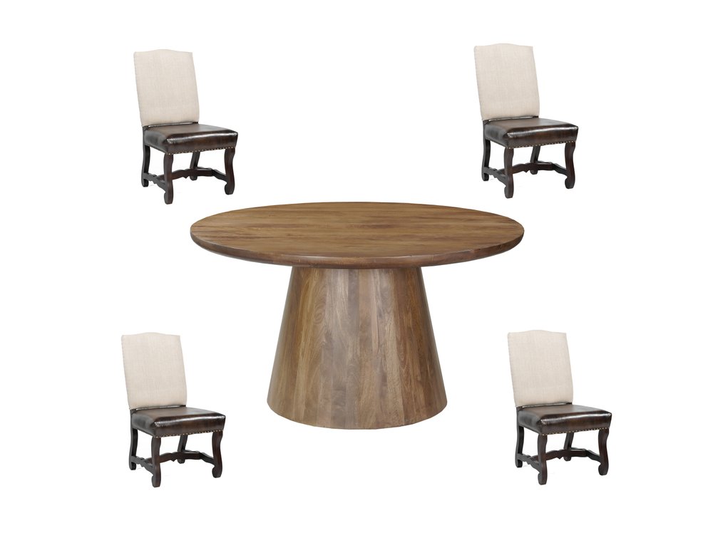Five Piece Brown Round Solid Wood Dining Set with Four Chairs