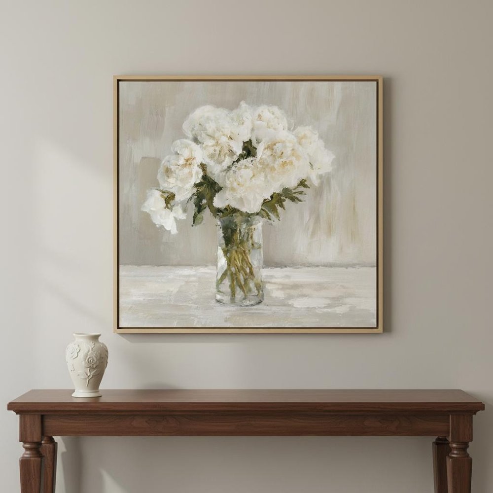 White Flower Bouquet Silver Floater Frame Wall Art