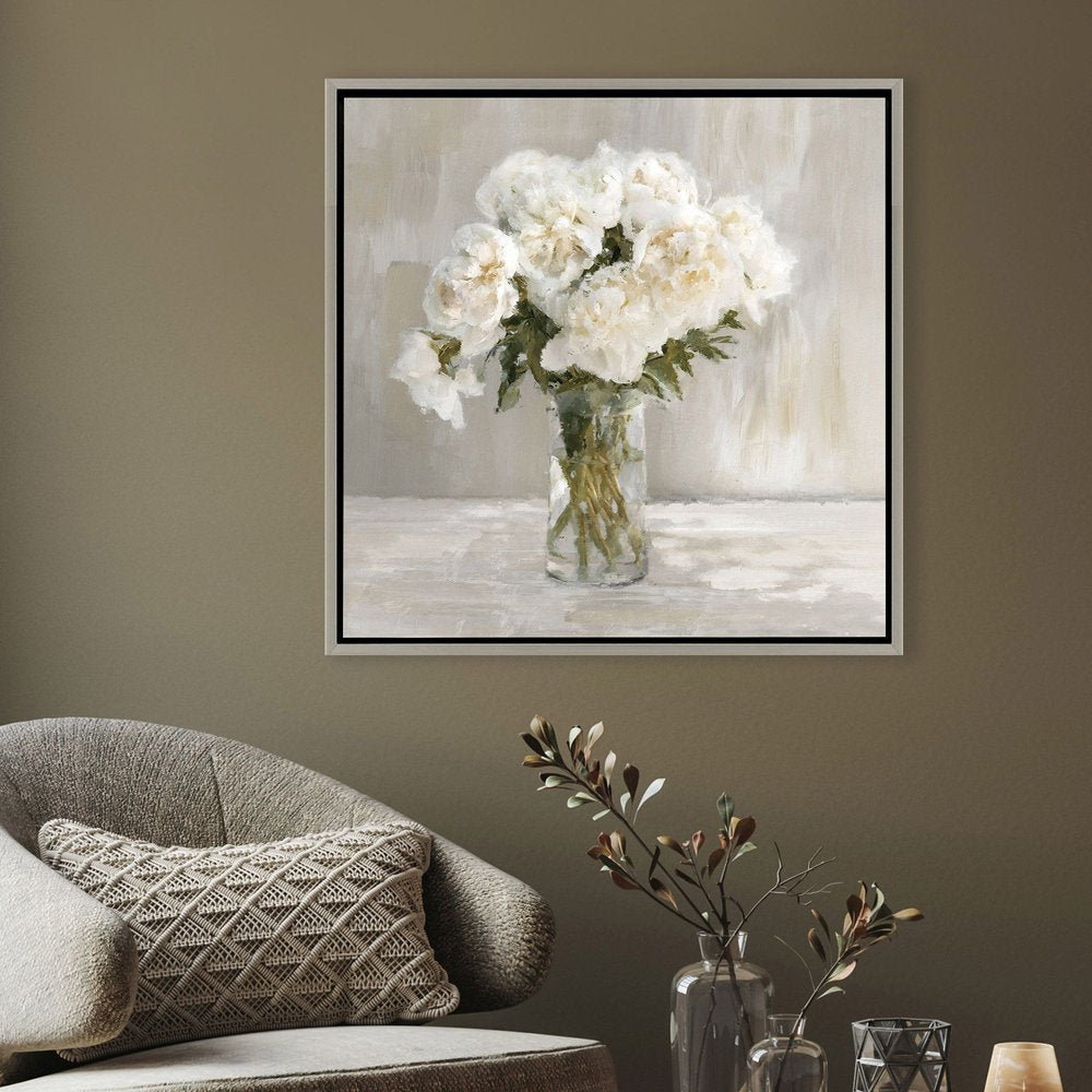 White Flower Bouquet Silver Floater Frame Wall Art