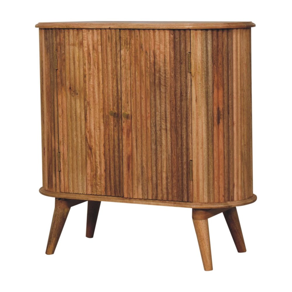 32" Brown Solid Wood Oval Ribbed Texture Cabinet With Two Doors