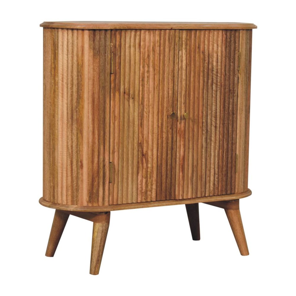 32" Brown Solid Wood Oval Ribbed Texture Cabinet With Two Doors