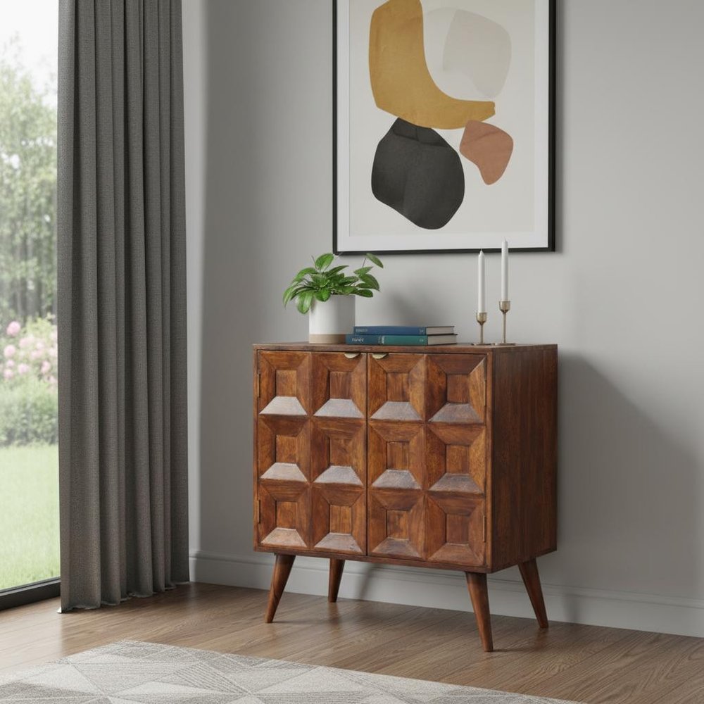 32" Chestnut Solid Wood Textured Door Accent Cabinet With Two Doors