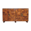 36" Chestnut Solid Wood Carved Geometric Accent Cabinet With Four Doors