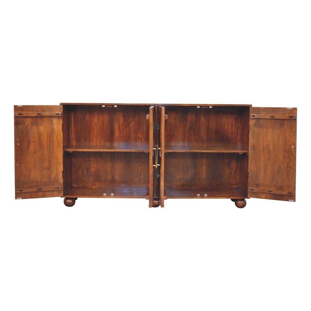 36" Chestnut Solid Wood Carved Geometric Accent Cabinet With Four Doors