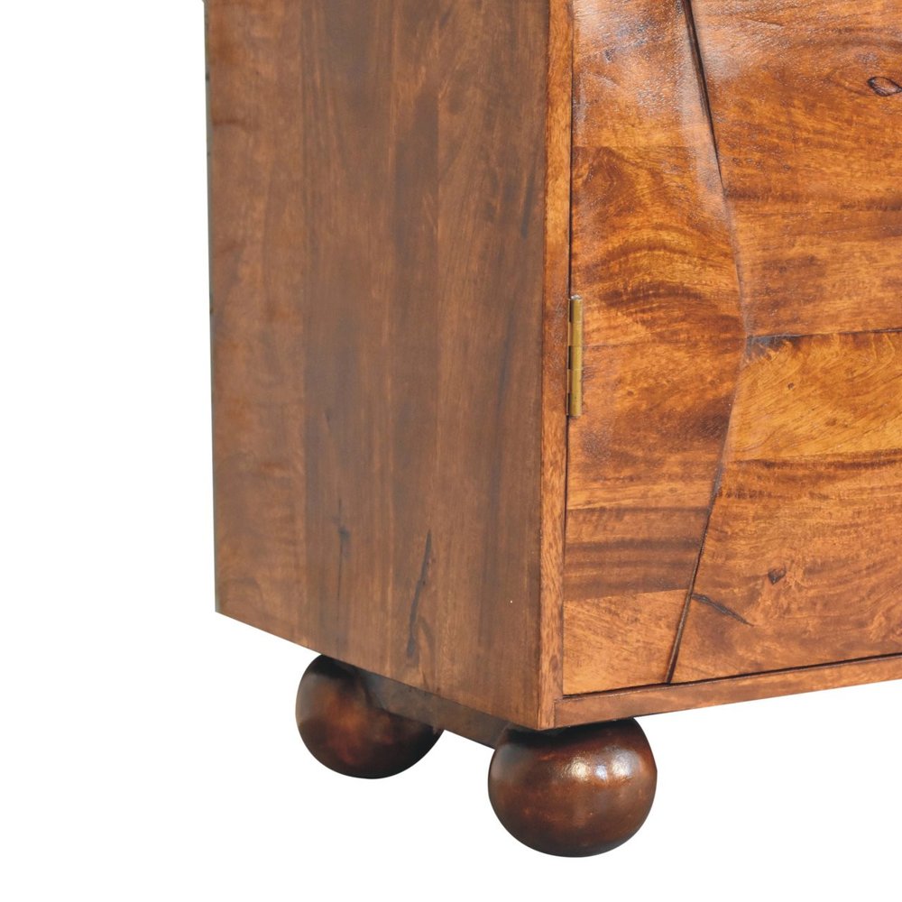 36" Chestnut Solid Wood Carved Geometric Accent Cabinet With Four Doors
