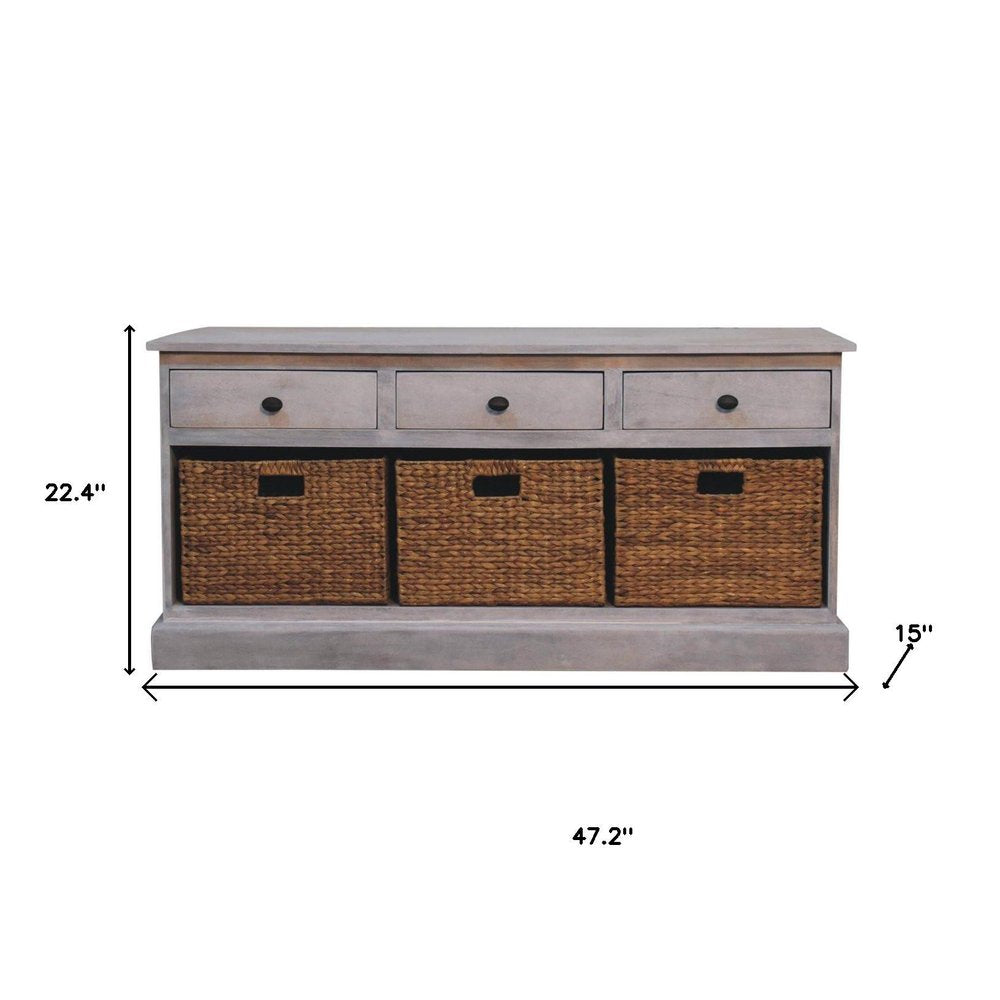 47" White and Natural Solid Wood Basket Storage Accent Cabinet With Three Drawers