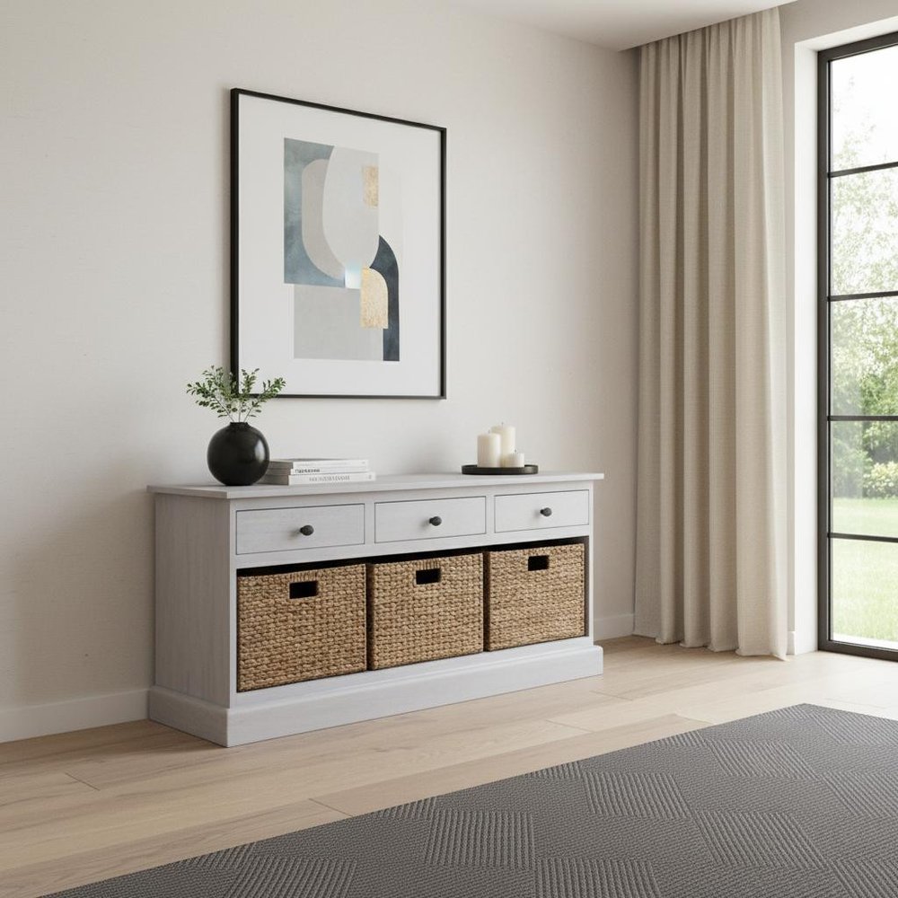 47" White and Natural Solid Wood Basket Storage Accent Cabinet With Three Drawers