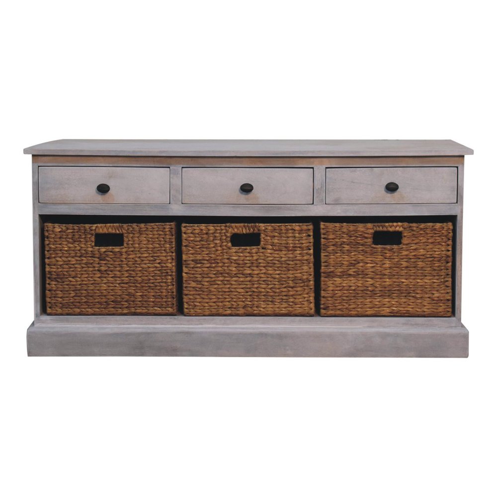 47" White and Natural Solid Wood Basket Storage Accent Cabinet With Three Drawers