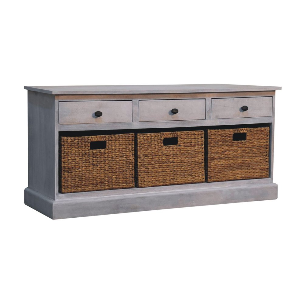 47" White and Natural Solid Wood Basket Storage Accent Cabinet With Three Drawers