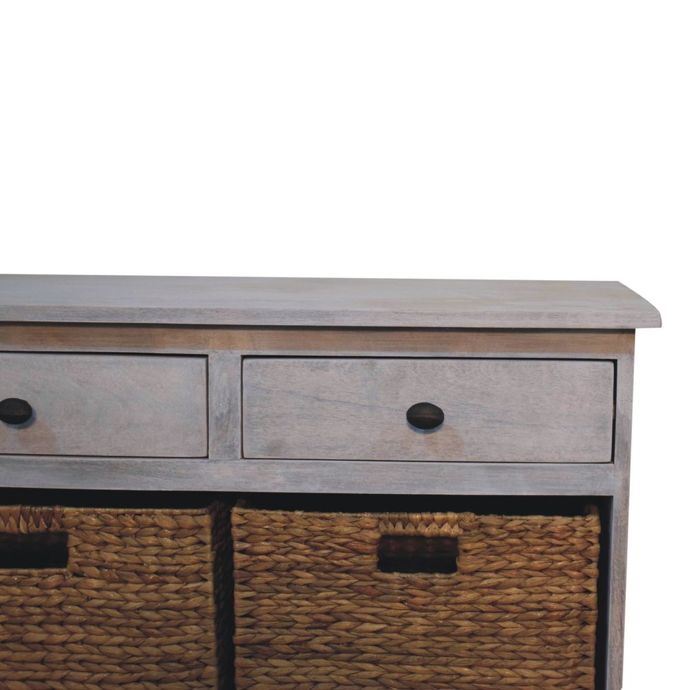 47" White and Natural Solid Wood Basket Storage Accent Cabinet With Three Drawers