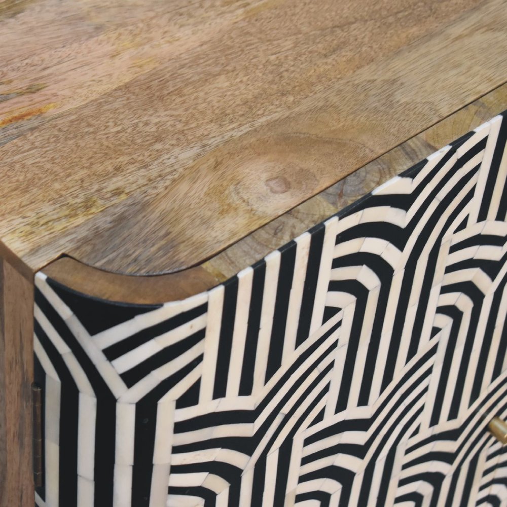 32" Dark Brown Black and White Solid Wood And Inlaid Bone Textured Accent Cabinet With Two Doors
