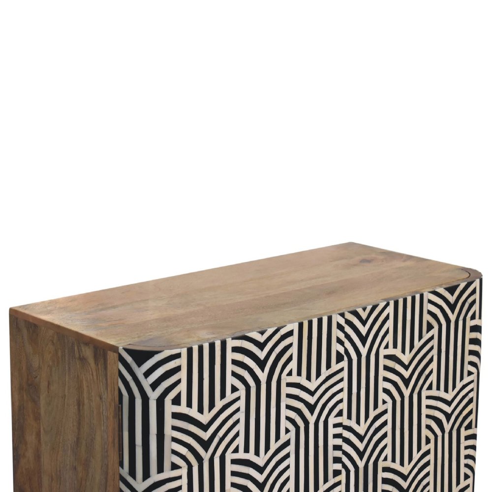 32" Dark Brown Black and White Solid Wood And Inlaid Bone Textured Accent Cabinet With Two Doors