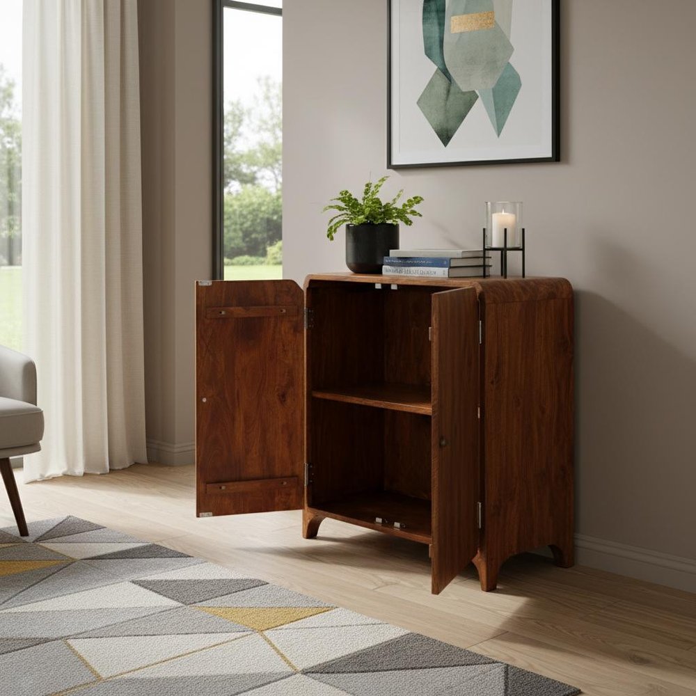 32" Chestnut Solid Wood Scallop Edge Accent Cabinet With Two Doors