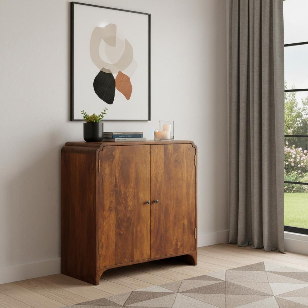 32" Chestnut Solid Wood Scallop Edge Accent Cabinet With Two Doors