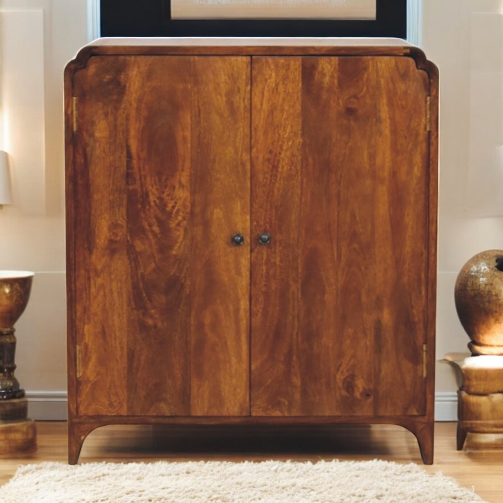 32" Chestnut Solid Wood Scallop Edge Accent Cabinet With Two Doors