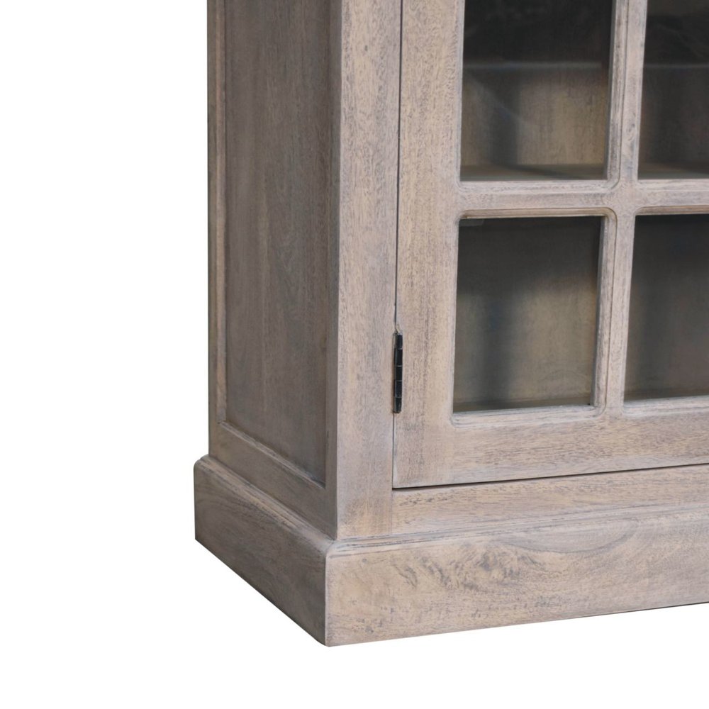 35" Light Gray and Clear Distressed Solid Wood Accent Cabinet With Three Doors