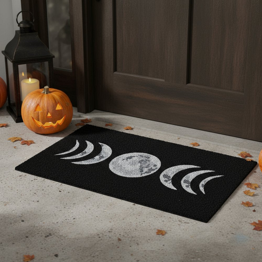 17" X 29" Black And White Phases Of The Moon Outdoor Coir Door Mat
