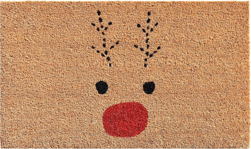 36" X 72" Brown Red And Black Christmas Reindeer Outdoor Coir Door Mat