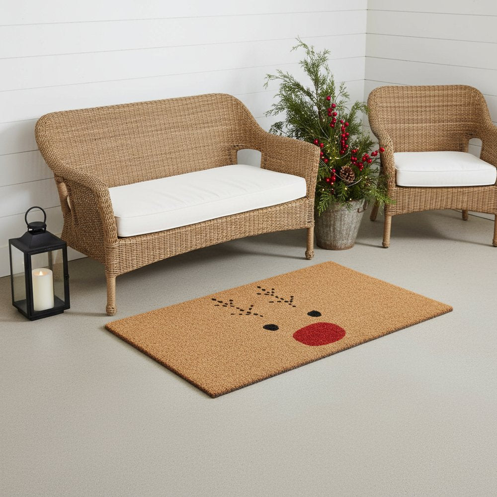 36" X 72" Brown Red And Black Christmas Reindeer Outdoor Coir Door Mat