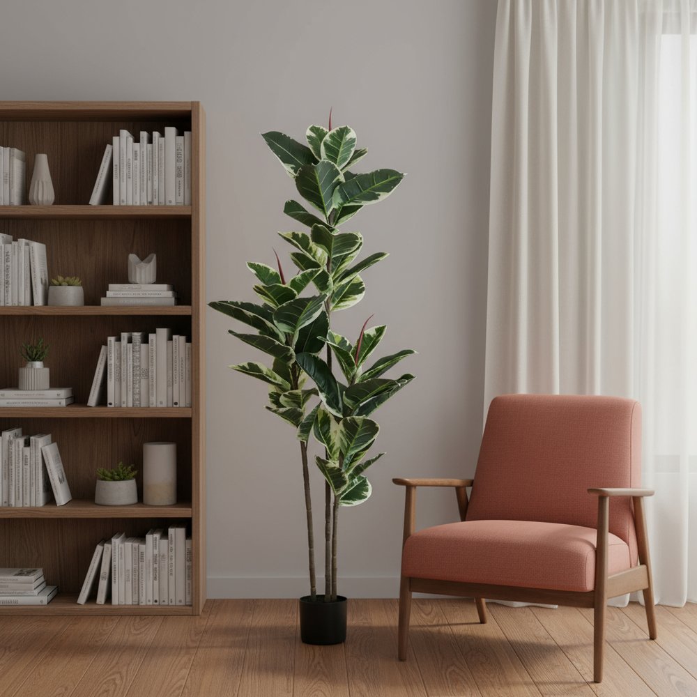 63" Green Artificial Rubber Tree In Cylindrical Black Cement Pot