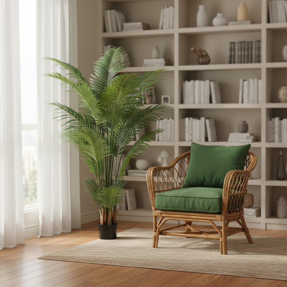 59" Green Artificial Palm Tree In Cylindrical Black Cement Pot