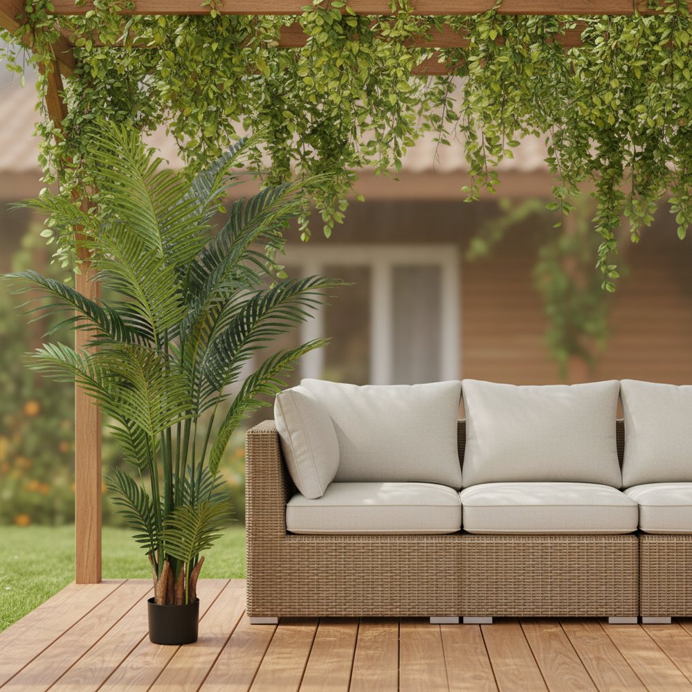59" Green Artificial Palm Tree In Cylindrical Black Cement Pot