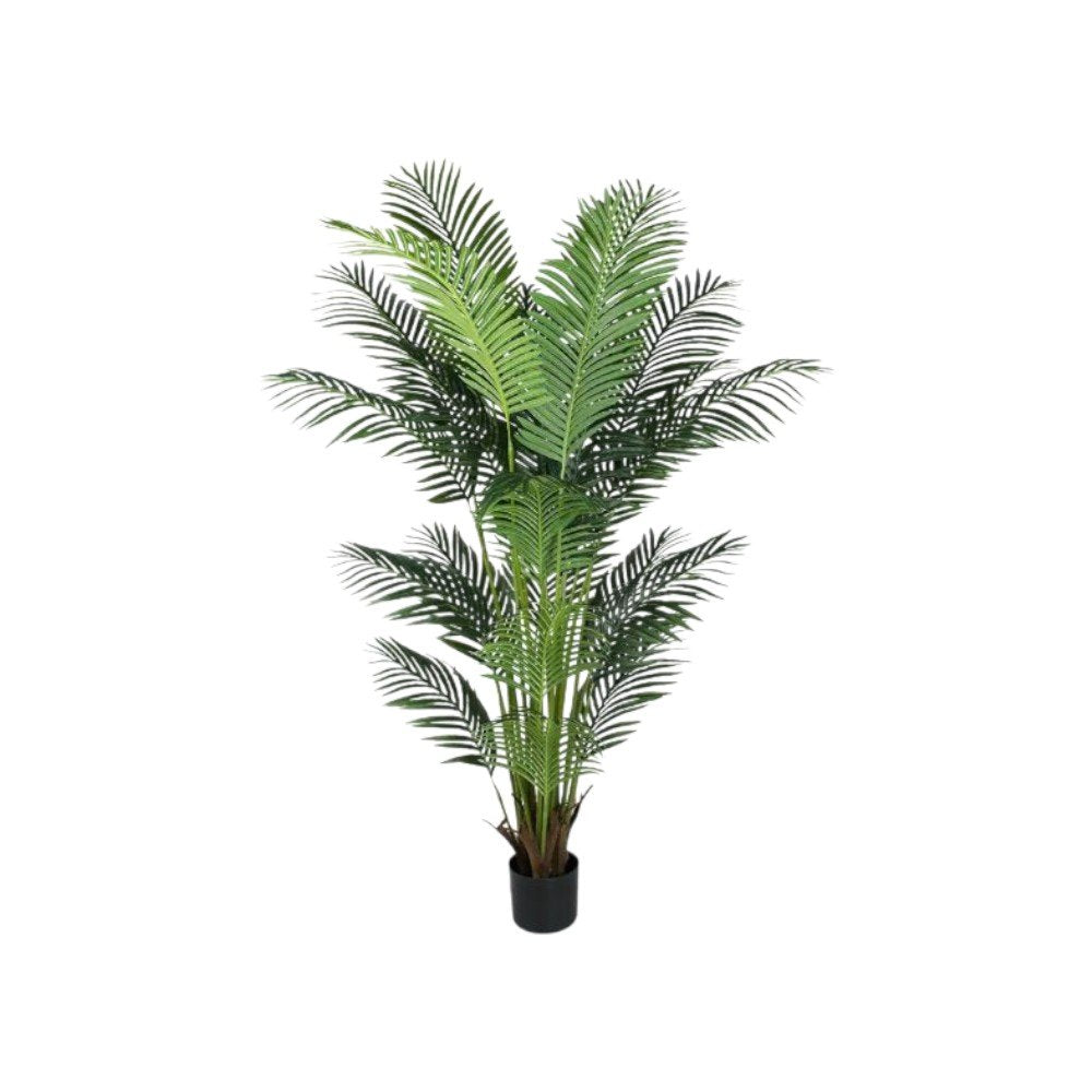 7" Green Artificial Palm In Cylindrical Black Cement Pot