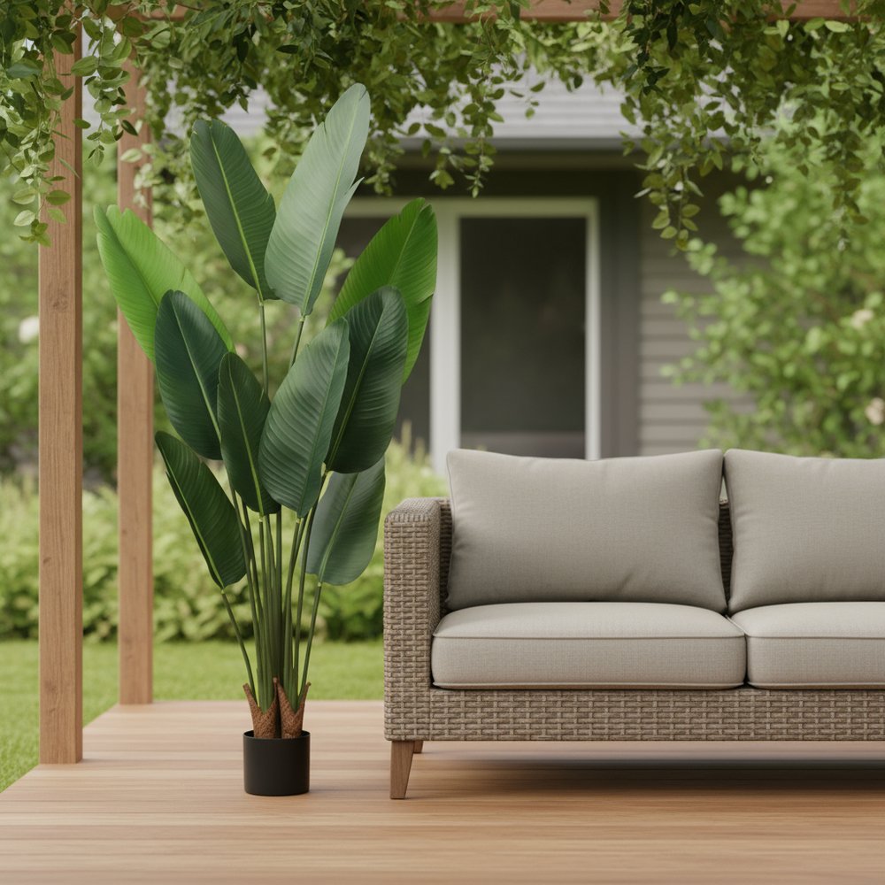 63" Green Artificial Banana Leaf Tree In Cylindrical Black Cement Pot