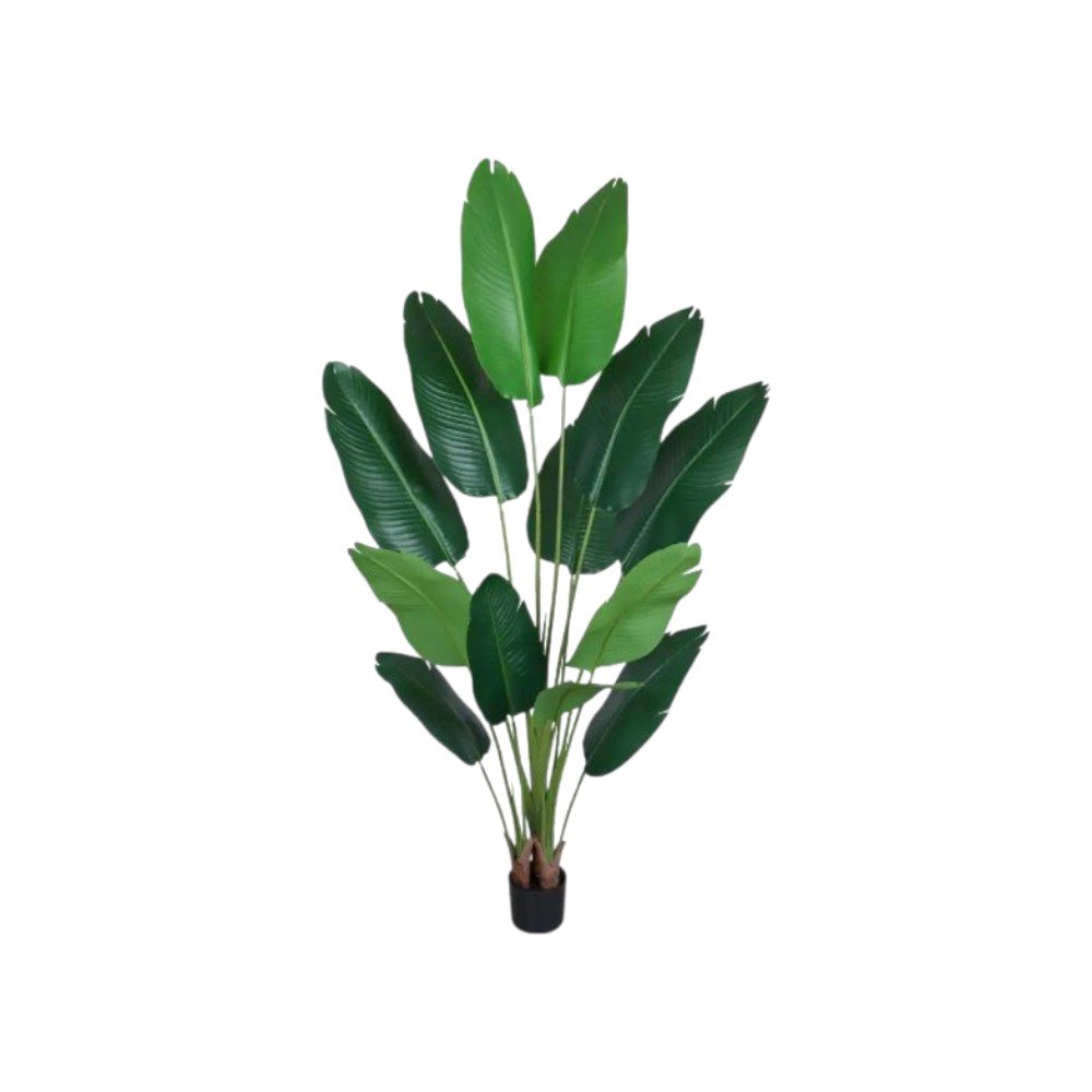 7" Green Artificial Banana Leaf In Cylindrical Black Cement Pot