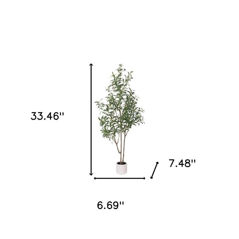 63" Green Artificial Olive Tree In Cylindrical White Cement Pot