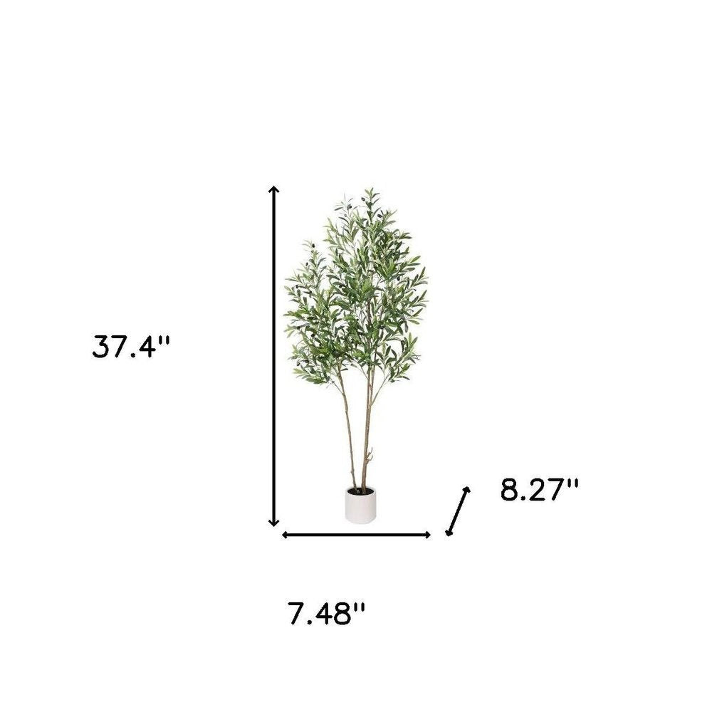 71" Green Artificial Olive Tree In Cylindrical White Cement Pot