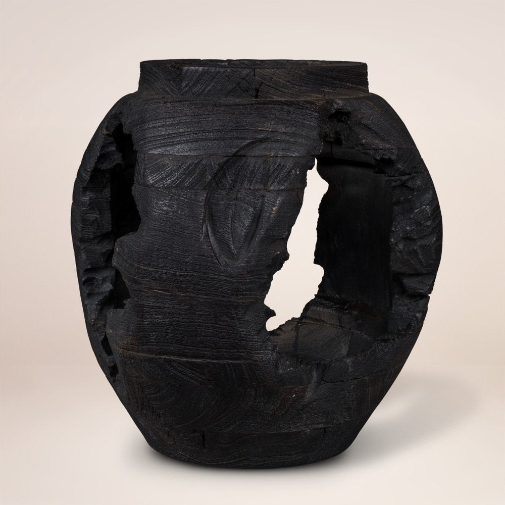 14" Black Solid Wood Table Vase With Sculptural Details