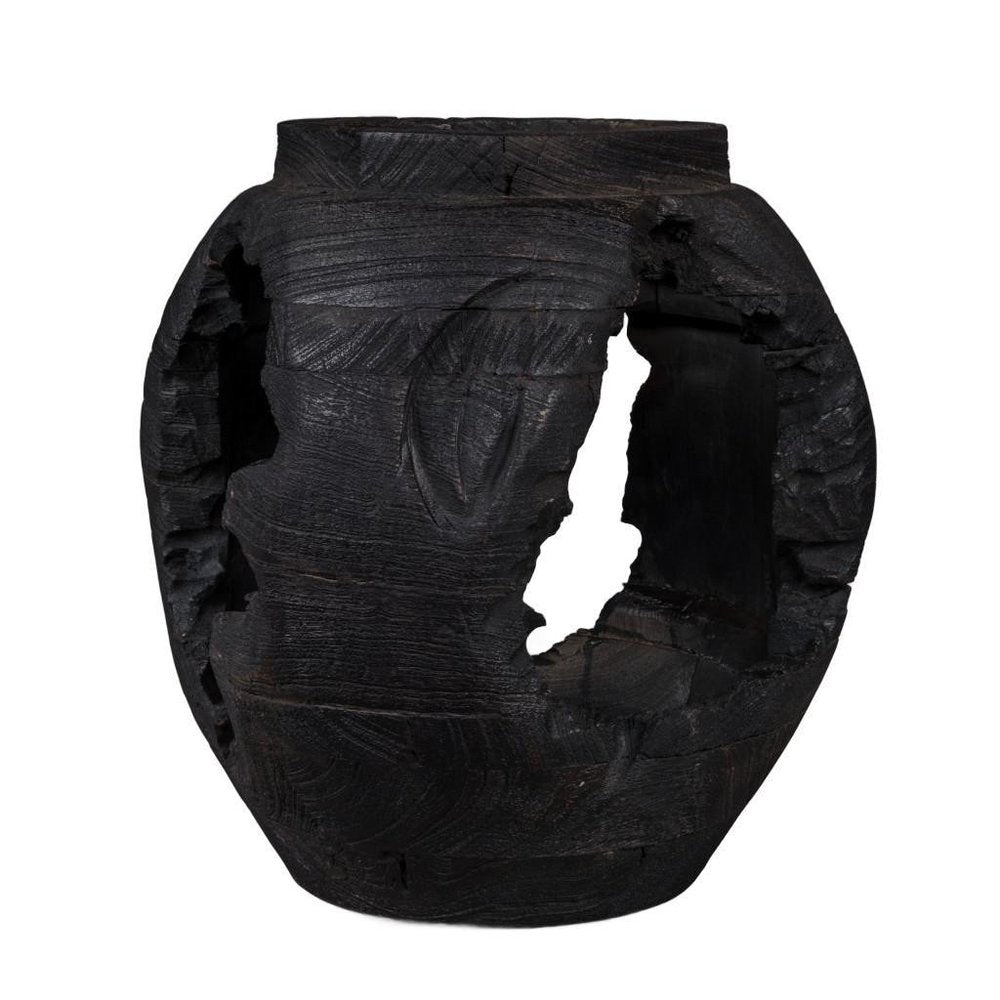 14" Black Solid Wood Table Vase With Sculptural Details