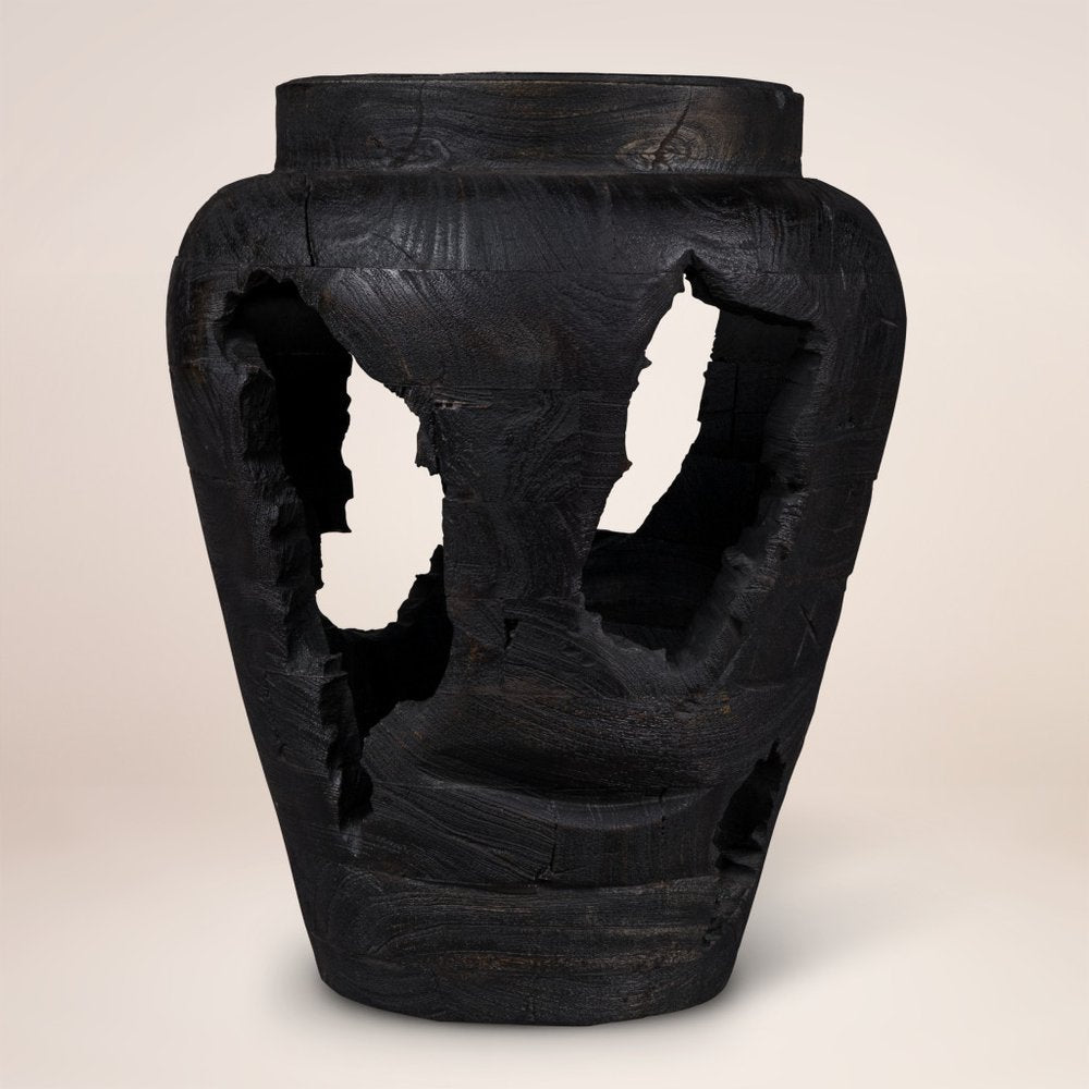 18" Black Solid Wood Modern Abstract Table Vase With Sculptural Details