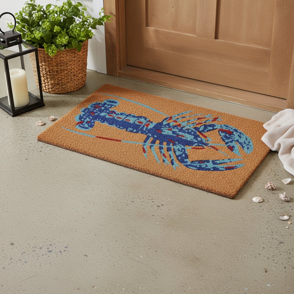 16" X 30" Blue Brown And Red Lobster Indoor Coir Door Mat