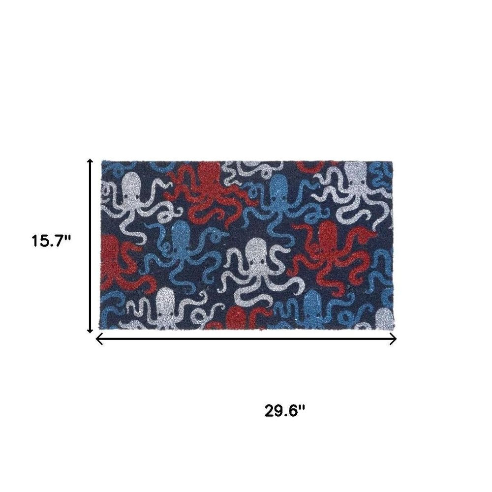 16" X 30" Blue Red And White Octopus Indoor Coir Door Mat