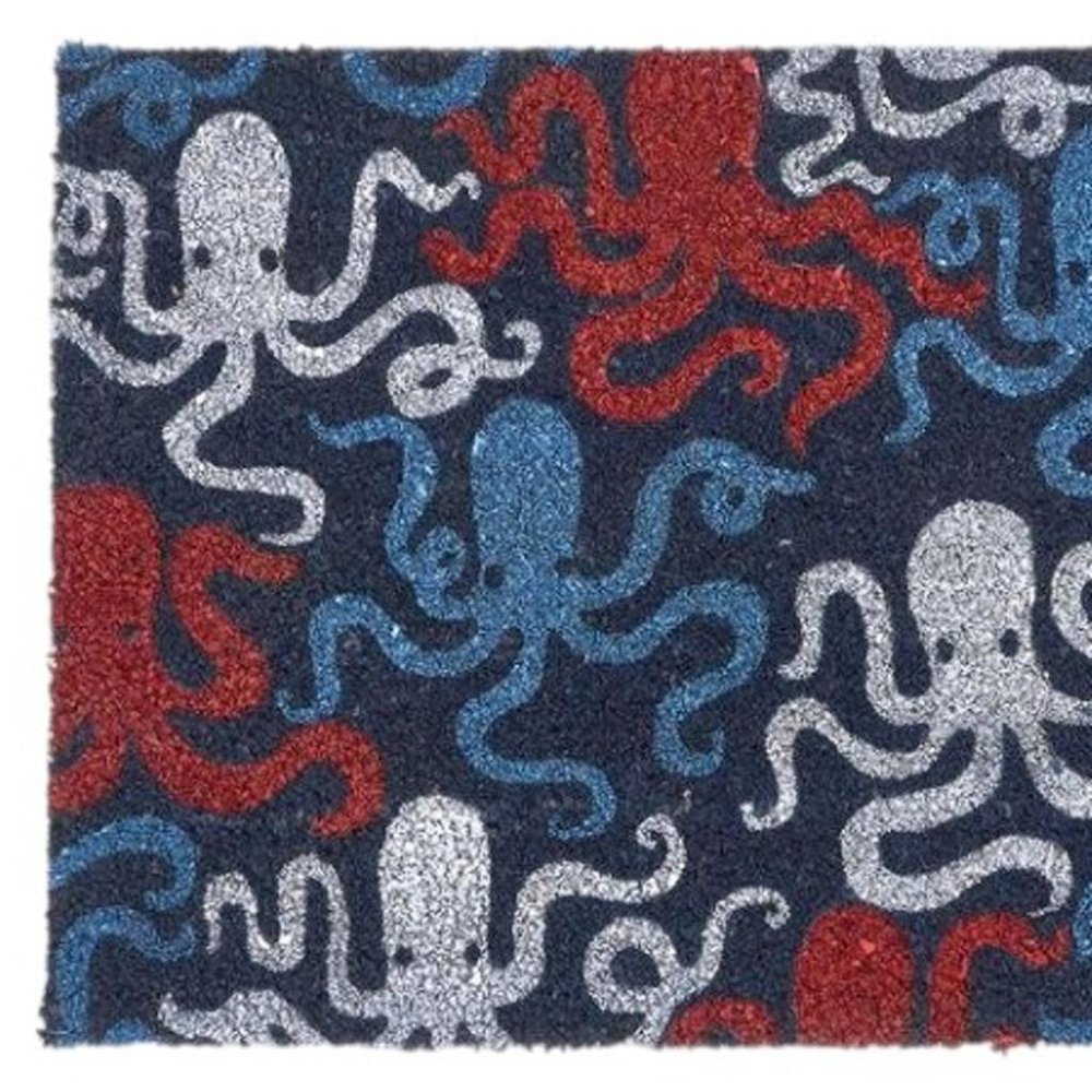16" X 30" Blue Red And White Octopus Indoor Coir Door Mat