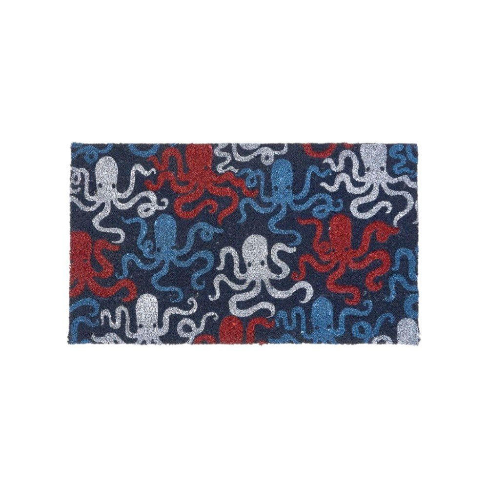 16" X 30" Blue Red And White Octopus Indoor Coir Door Mat