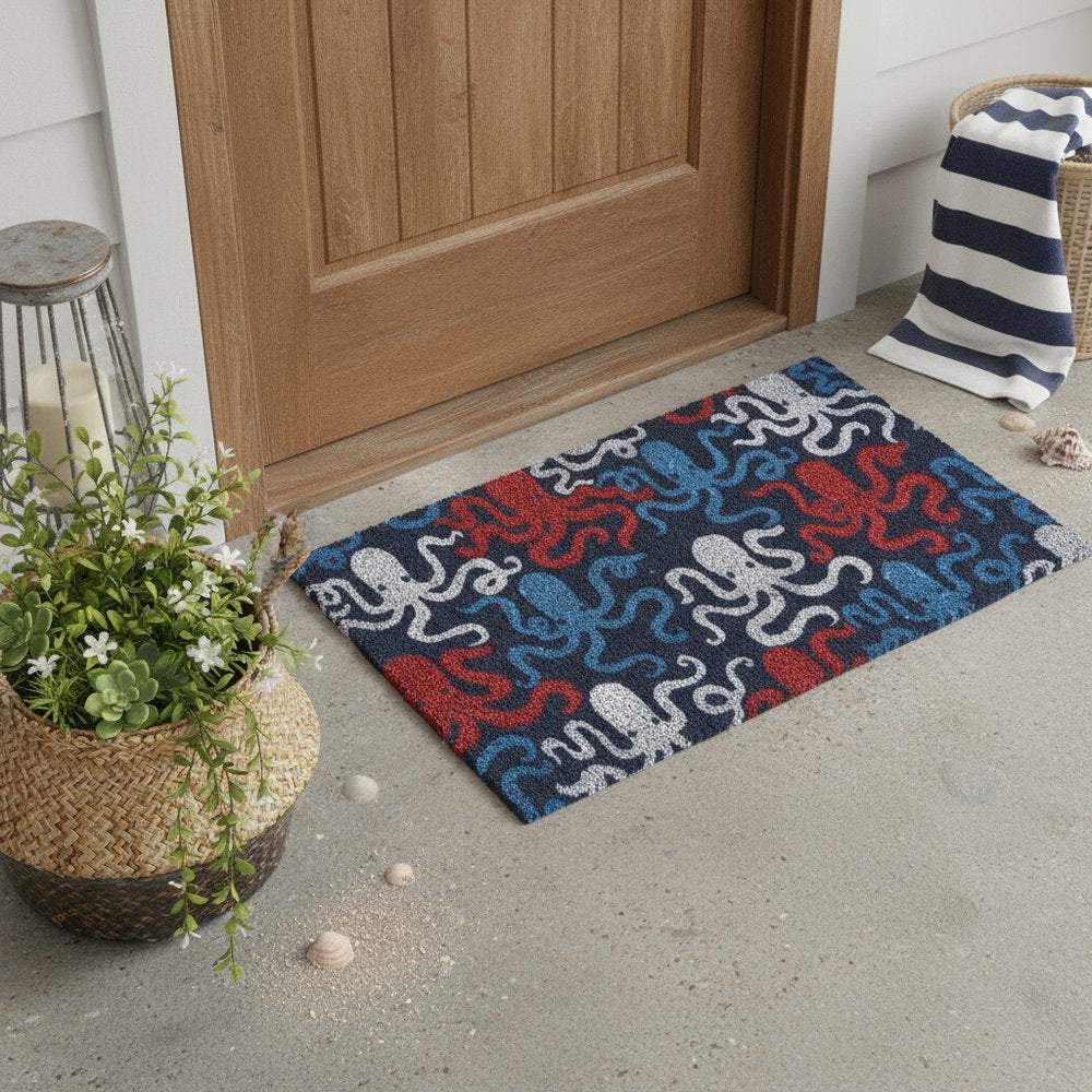 16" X 30" Blue Red And White Octopus Indoor Coir Door Mat