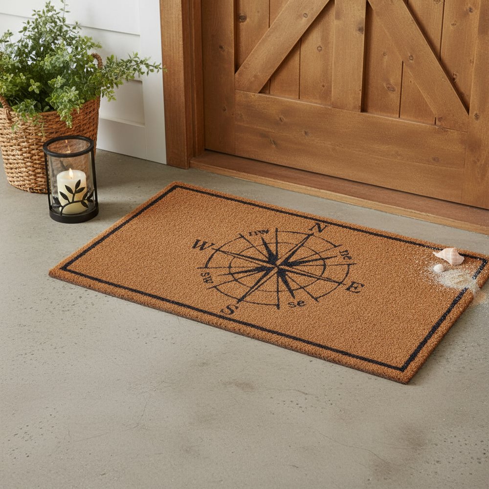 16" X 30" Light Brown And Navy Blue Compass Indoor Coir Door Mat