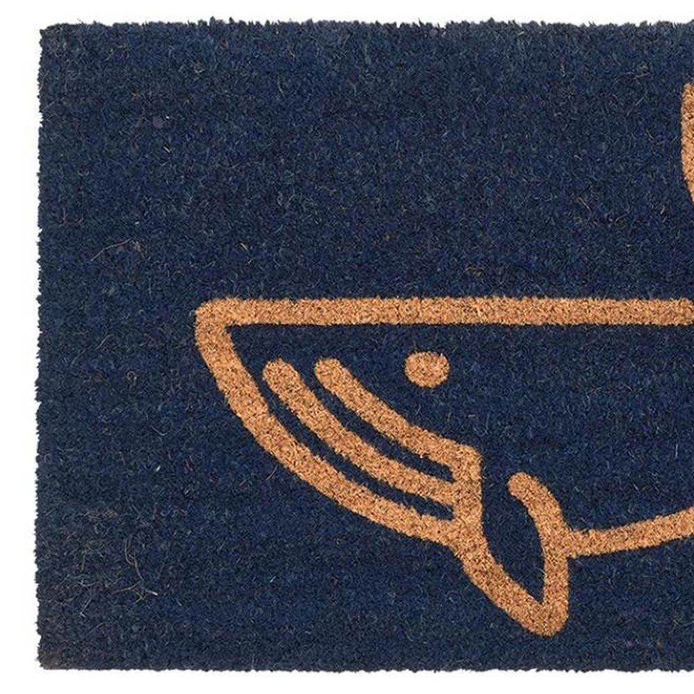 16" X 30" Natural And Navy Blue Whale Indoor Coir Door Mat